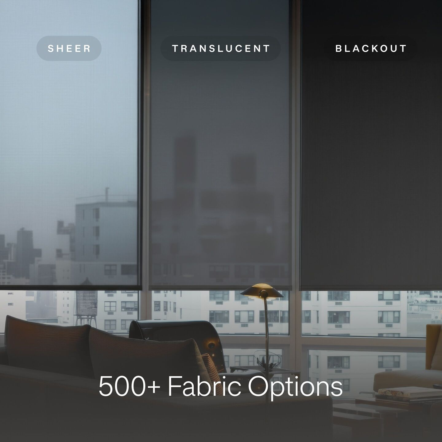 Comparison of sheer, translucent, and blackout roller shade fabric transparencies